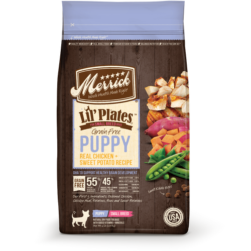 Merrick Lil Plates Grain Free Puppy Small Breed Real Chicken and Sweet Potato Recipe Dry Dog Food Brookline MA Brookline Dog Grooming
